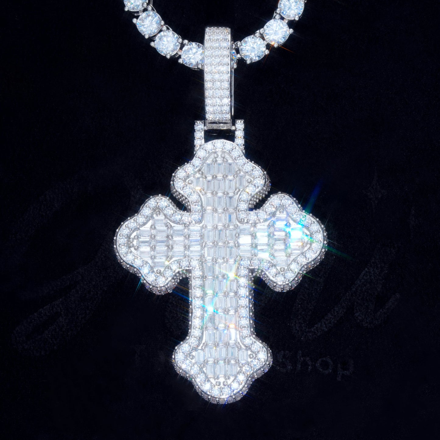 Iced Baguette Gothic Cross Necklace